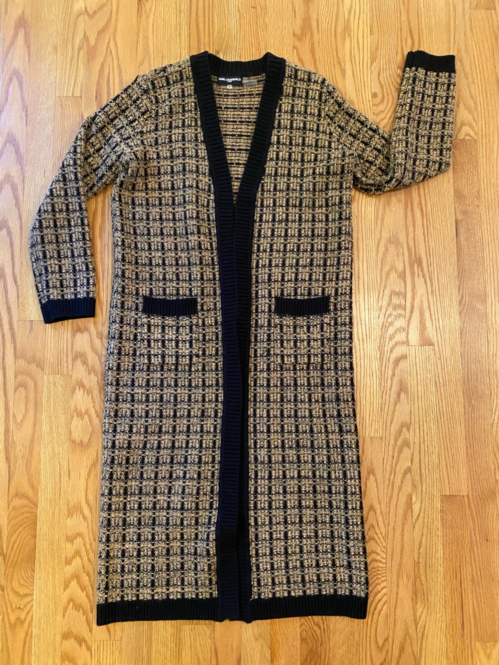 Karl Lagerfeld Black and Beige Long Knit Cardigan